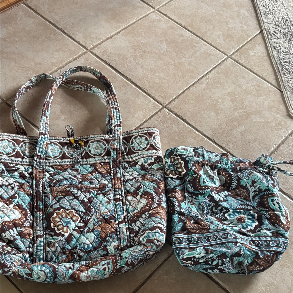 Vera Bradley Brown and Turquoise Floral Quilted Tote with Matching Pouch lined